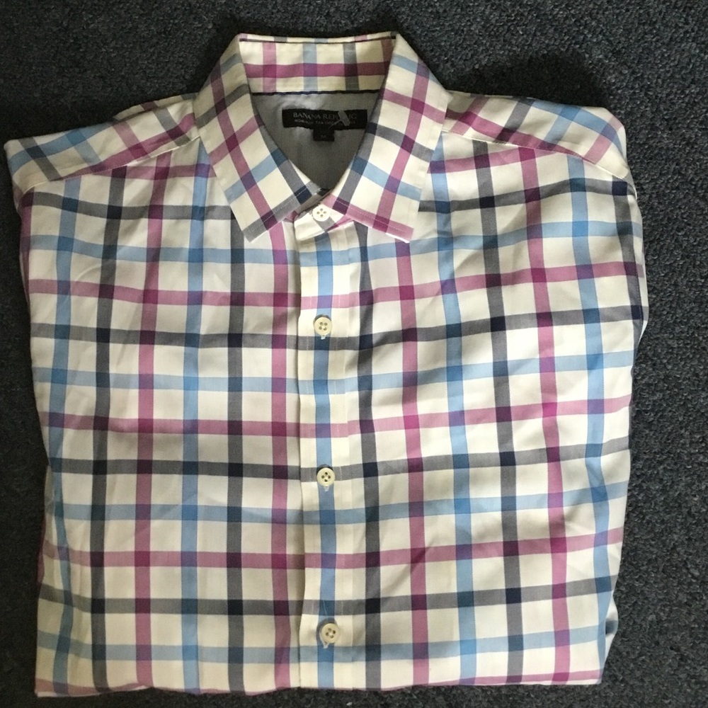 Banana Republic Men’s White Plaid Dress Shirt with Blue & Purple Checks